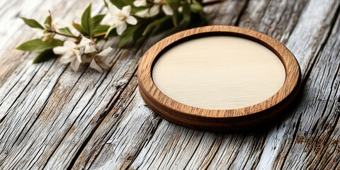Poster - wooden coaster rests on rustic wooden surface, surrounded by delicate white flowers. natural textures and soft colors create calming and inviting atmosphere
