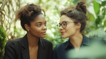 Aufkleber - Two confident businesswomen share ideas in a lush, green office setting, surrounded by plant life. Their focused discussion reflects empowerment and collaboration, capturing their passion for success