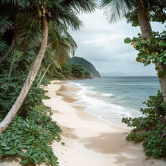 Poster - serene beach scene featuring soft sand, gentle waves, and lush tropical vegetation. Palm trees frame coastline, creating tranquil atmosphere perfect for relaxation and escape