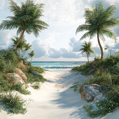 Poster - serene tropical beach scene featuring lush green vegetation, palm trees, and soft sandy pathways leading to ocean. tranquil atmosphere evokes sense of peace and relaxation