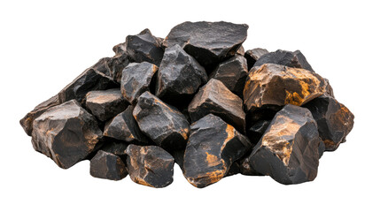 Poster - Pile of natural black obsidian stones with textured surfaces on isolated black background for textures and crafts