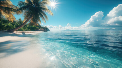 Poster - serene beach scene featuring clear turquoise waters, soft white sand, and lush palm trees under bright sun. tranquil atmosphere invites relaxation and escape into nature beauty
