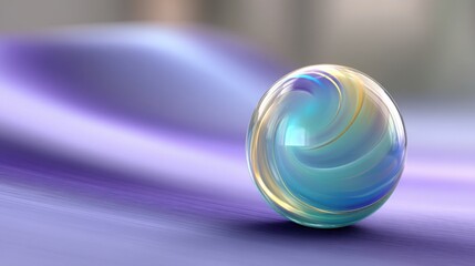 Poster - Captivating close-up of a glass marble reflecting light and color in a soft pastel storm background