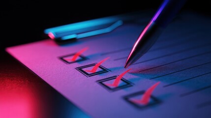 Poster - elegant pen resting on crisp paper with a checklist hovering under a pink-blue spotlight creating a 
