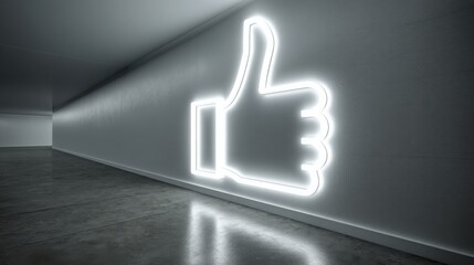 Poster - thumbs up sign illuminated in a dark room with a digital environment featuring a glowing approval ic