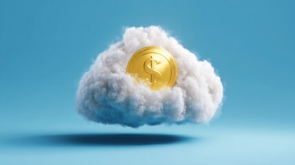 Poster - Dreamy cloud with a gold coin floating inside representing wealth and financial success in a creative fantasy design