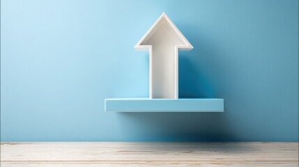 Poster - Floating white house model on a shelf with an upward arrow icon symbolizing growth and positive real estate trends