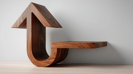Poster - Floating wooden arrow resting on a shelf with an upward icon signifying direction and positive movement in design