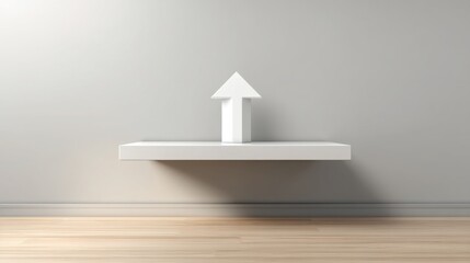 Poster - Floating white shelf displaying a white arrow icon signifying positive direction and growth in a modern home environment