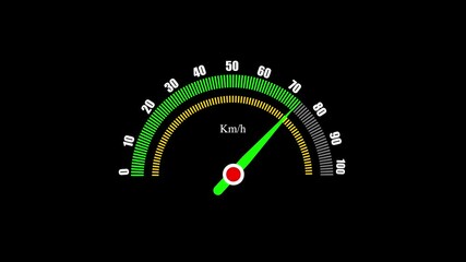 Poster - Kilometers per hour speedometer animation with green needle.Animated speedometer with green needle displaying kilometers per hour on black background.