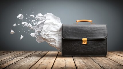 Poster - Briefcase with crumpled paper on top creating a visual metaphor of ideas and organization in a professional setting
