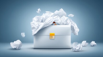 Poster - White briefcase surrounded by crumpled paper creating a unique visual statement of organization and creativity