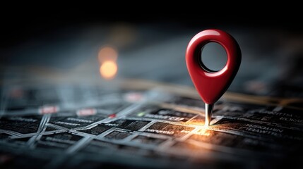 Poster - Red map pin dropped on digital map indicating a specific location with bright illumination and visibility