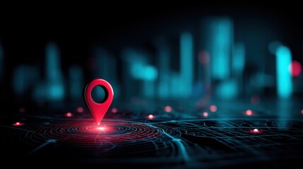 Poster - Glowing red pin marking a significant location on a dark background representing navigation and mapping concepts