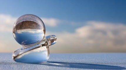 Poster - Enigmatic glass ball on a table capturing light and reflections with glowing sphere sliding into its final position