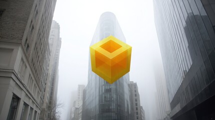 Poster - A vibrant yellow cube surrounded by a misty cityscape with tall buildings and an atmosphere of mystery and wonder