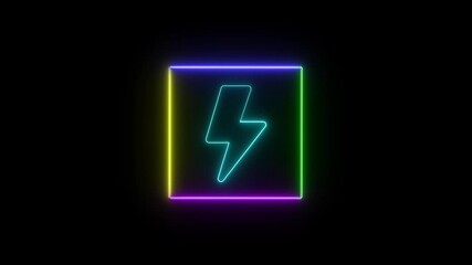 Poster - Electric Power Symbol With Neon Square Frame On Black Background Animated