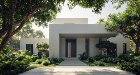 Poster - Modern house design features minimalist aesthetic surrounded by lush greenery, showcasing harmonious blend of architecture and nature. tranquil setting evokes sense of peace and serenity