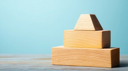 Poster - Intricately stacked wooden shapes forming a solid progress pyramid symbolizing achievement and elevated objectives