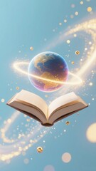 Wall Mural - Open book with a globe and glowing rings, symbolizing knowledge and the universe
