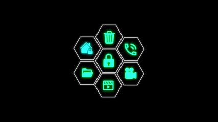 Poster - Neon Icon Elements Animation With Hexagonal Shapes On Black Background Technology Ui