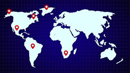 Poster - World Map Animation With Location Pins On Dark Blue Grid Background Highlighting Global Destinations