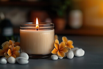 Poster - lit candle burns softly in glass jar, surrounded by delicate yellow flowers and smooth white stones, creating serene and calming atmosphere perfect for relaxation