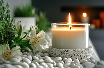 Poster - lit candle burns softly on decorative surface surrounded by smooth pebbles and fresh greenery, creating serene and calming atmosphere. warm glow enhances tranquil setting