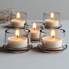 Poster - Elegant tealight candles in glass holders create warm and inviting atmosphere. soft glow of flames enhances serene ambiance, perfect for relaxation or special occasions
