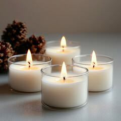 Poster - Four small white candles glowing softly in glass holders, surrounded by pine cones, creating warm and cozy atmosphere