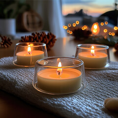 Poster - Three small tealight candles glowing softly on textured surface, creating warm and inviting atmosphere with blurred background of pinecones and twinkling lights