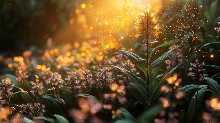 Poster - tall prehistoric flower stands amidst vibrant field, illuminated by warm sunlight and surrounded by sparkling particles, creating magical atmosphere
