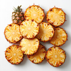 Poster - Fresh pineapple slices arranged beautifully on white background, showcasing their vibrant yellow color and unique texture. whole pineapple adds touch of freshness and natural appeal