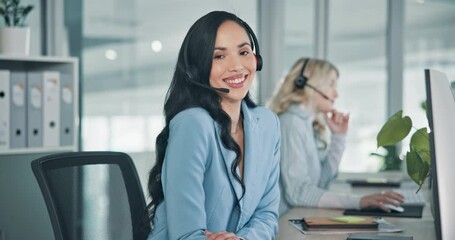 Aufkleber - Call centre, face and woman with headset, smile and confident for customer care, online and business. Telemarketing, representative and person with tech for consultation, happy and employee in office