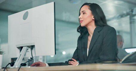 Poster - Office, computer and businesswoman typing, thinking and research for financial analyst. Consultant, woman or risk management advisor writing report, email or planning ideas for online business budget