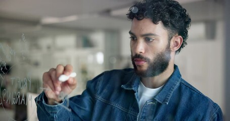 Aufkleber - Glass, writing and man with ideas, office and planning for project in business, thinking or serious. Reflection, product manager and person with notes for profit, employee or review of info for sales