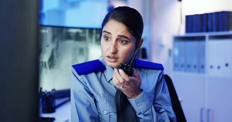Poster - Surveillance, security guard and woman with radio, office and inspection of crime on screen and night. Control room, law enforcement and person with tech for communication, footage and protection