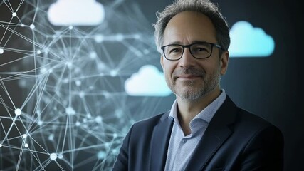 Portrait of a professional man with Cloud computing technology background, Smiling