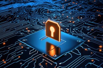 Poster - Digital lock symbolizing cybersecurity and data protection on a circuit board backdrop