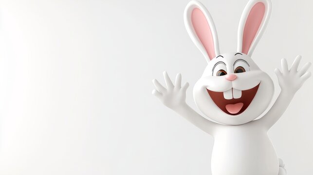 A lively, fluffy white bunny rabbit cheerfully waves, standing out with vibrant energy against a soft, light gray setting