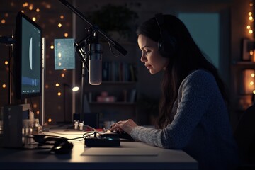 Aufkleber - Young woman working at a cozy night studio with warm lighting and a microphone setup