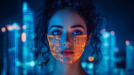 Poster - A woman with shining dots on her face looks at a screen showing orange lights and data