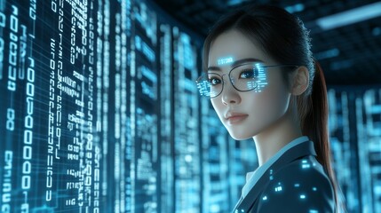 A woman wearing glasses, with the lenses showing a reflection of city lights and code in close-up
