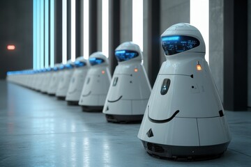Poster - Futuristic robots lined up in a high-tech environment showcasing advanced technology