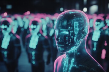 Poster - Futuristic gathering of humanoid robots in neon colors at night in a tech-inspired environment