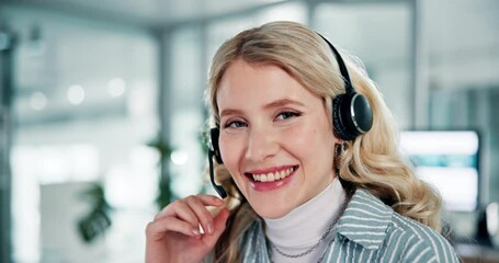 Aufkleber - Woman, call center and happy with headset in office for telemarketing, lead and sales with contact us. Person, consultant and face with headphones, mic and voip connection for discussion in USA