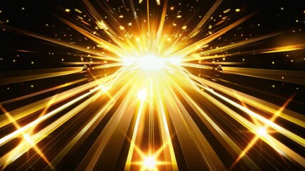 Poster - golden light burst at center creates dazzling display of bright rays and sparkling particles, evokin