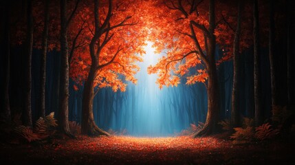 Wall Mural - enchanted autumn forest with radiant light