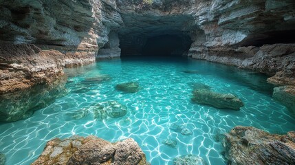 Wall Mural - Serene underwater cave with crystal-clear turquoise waters