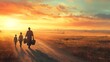 © mh - Walking Family at Sunset Silhouette on Rural Road with Luggage